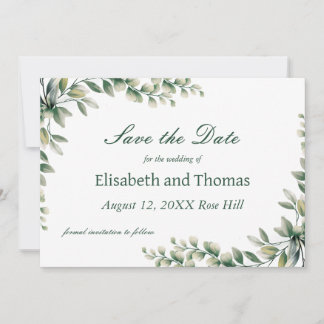 Botanische eucalyptusbladeren save the date kaart