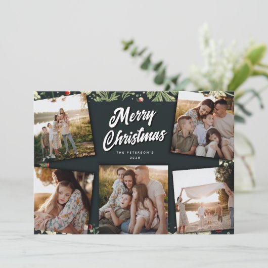 Botanische Feestelijke 5 Fotocollage Kerstmis Feestdagenkaart (Staand voorkant)