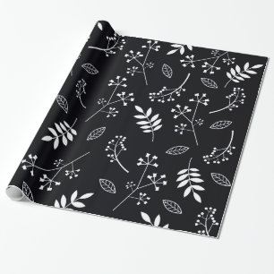 Botanische Floral Leaves Greenery White en Black Cadeaupapier