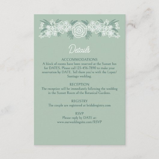 Botanische Floral Sage Mint Emerald Green Wedding Informatiekaartje (Voorkant)