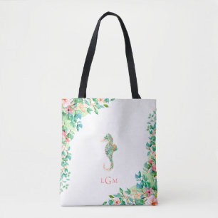Botanische Floral Seahorse Monogram Draagtas