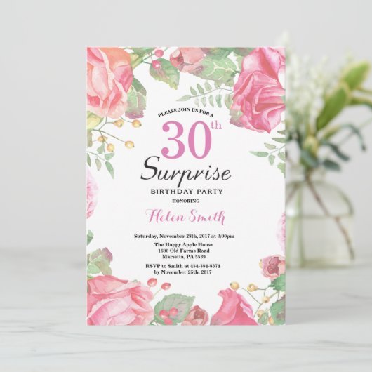 Botanische Floral Surprise 30th Birthday Invitatio Kaart (Staand voorkant)