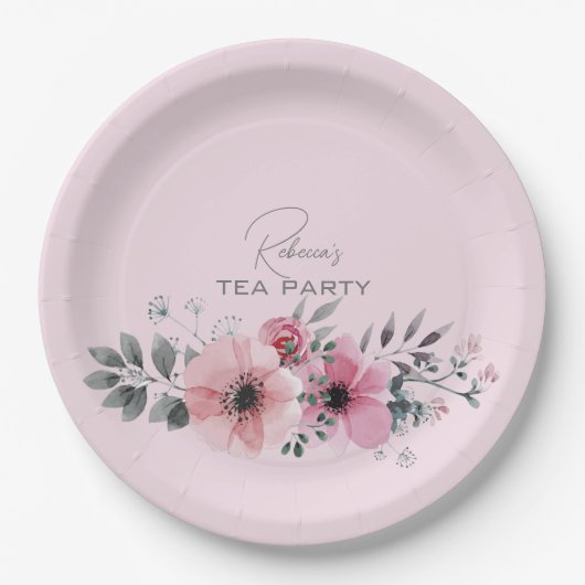 Botanische florale elegant grijze roze bloem papieren bordje (Voorkant)