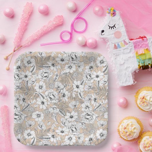 Botanische florale lijntrekkers tan-beige appel papieren bordje (Feest)