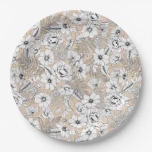 Botanische florale lijntrekkers tan-beige papieren bordje
