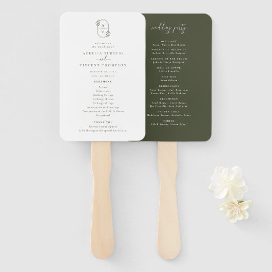 Botanische Foliage Monogram Weddenschap Programma Handwaaier (Voorkant en achterkant)