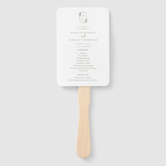 Botanische Foliage Monogram Weddenschap Programma Handwaaier (Voorkant)