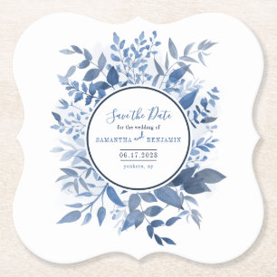 Botanische Foliage Script Navy Blue Save the Date Kartonnen Onderzetters