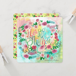 Botanische gele en roze bloemen kaart