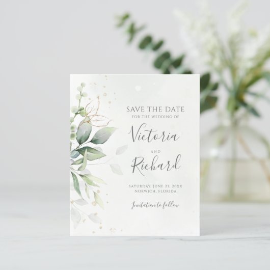Botanische Gold Greenery Eucalyptus Save the Date (Staand voorkant)