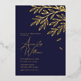 Botanische Gold Leaf Navy repetitie diner Folie Uitnodiging