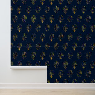 Botanische gouden bladeren in blauw bloemmotief behang
