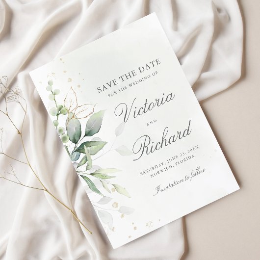 Botanische goudgroen Eucalyptusbruiloft Save The Date
