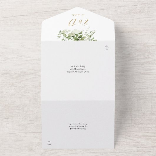 Botanische Greenery Elegant Gold Monogram Weddensc All In One Uitnodiging (Buitenkant)