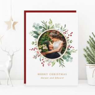 Botanische Greenery Gold Merry-kerstfoto Feestdagenkaart