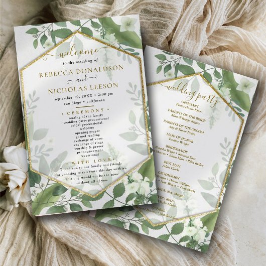 Botanische Greenery Goldish Wedding Programme