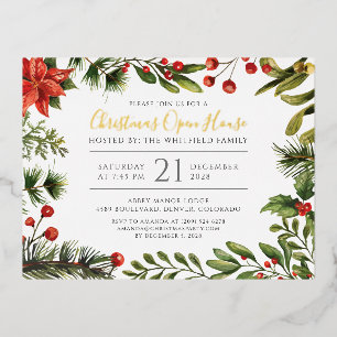 Botanische Greenery Kerstmis Open House Gold Folie Feestdagen Briefkaart