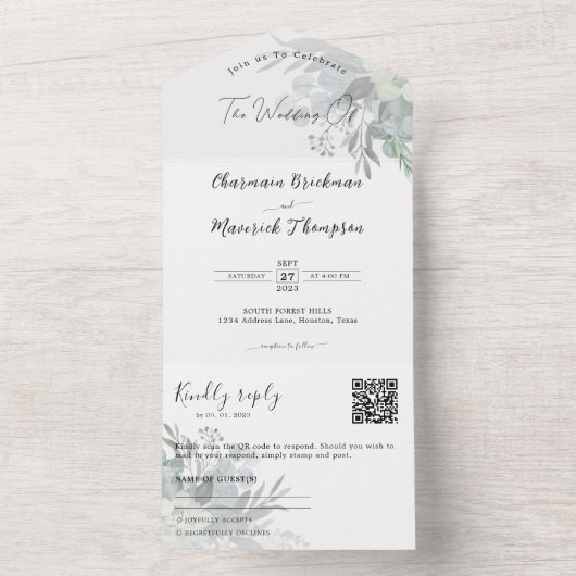 Botanische Greenery QR Code Weddenschap All In One Uitnodiging (Binnen)