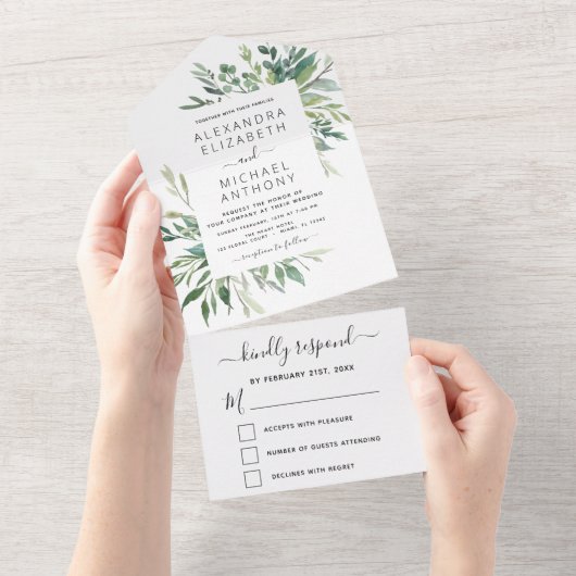 Botanische Greenery Wedding Spring All In One Uitnodiging (Afscheurbaar)