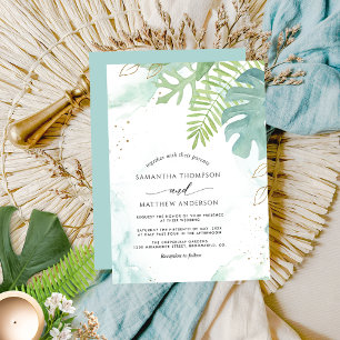 Botanische groen, Aqua Blue Waterverf Wedding Kaart