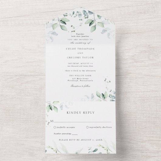 Botanische groen en Eucalyptus Wedding All In One Uitnodiging (Binnen)