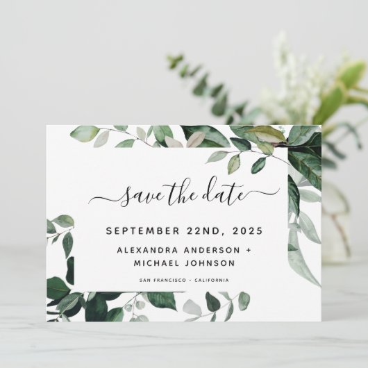 Botanische groen loof Waterverf bruiloft opslaan Save The Date (Staand voorkant)