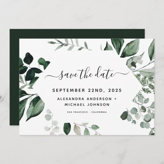 Botanische groen loof Waterverf bruiloft opslaan Save The Date (Voorkant / Achterkant)