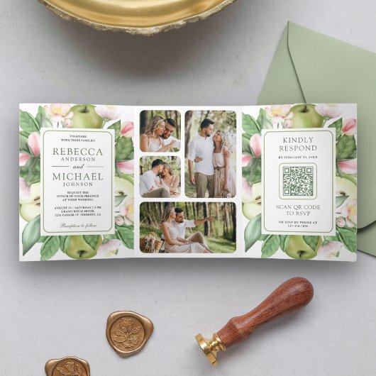 Botanische groene appelboomgaard QR code bruiloft Drieluik Uitnodiging