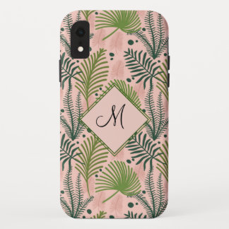 Botanische groene bladeren en monogram roze iPhone XR hoesje