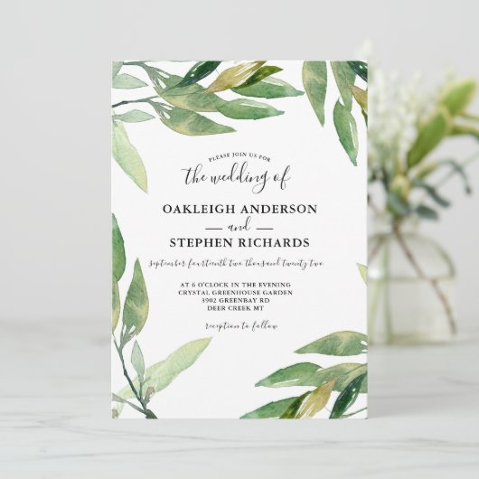 Botanische groene bladeren Waterverf bruiloft Kaart (Staand voorkant)
