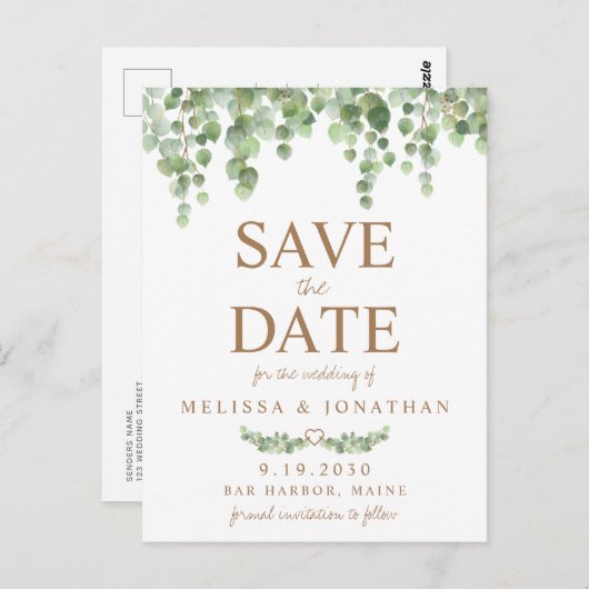 Botanische groene bruiloft bespaart de datum briefkaart (Voorkant / Achterkant)