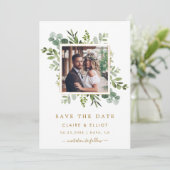 Botanische groene gouden trouwfoto opslaan datum save the date (Staand voorkant)