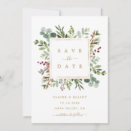 Botanische groene kerst gouden bruiloft save the date (Voorkant)