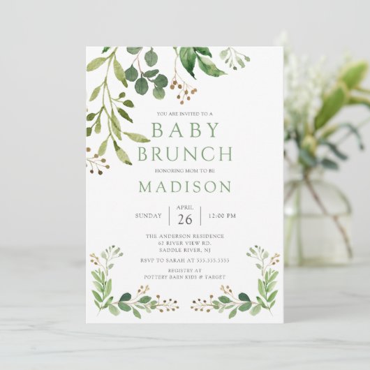 Botanische groene Leaf Baby Brunch Invitation Kaart (Staand voorkant)