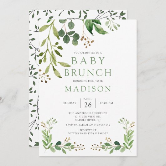 Botanische groene Leaf Baby Brunch Invitation Kaart (Voorkant / Achterkant)
