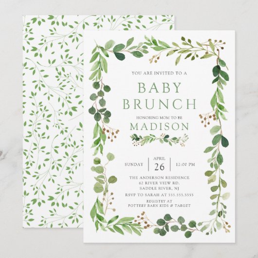 Botanische groene Leaf Baby Brunch Invitation Kaart (Voorkant / Achterkant)