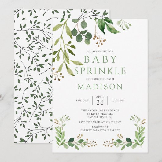 Botanische groene lef Baby Sprinkle Invitation Kaart (Voorkant / Achterkant)