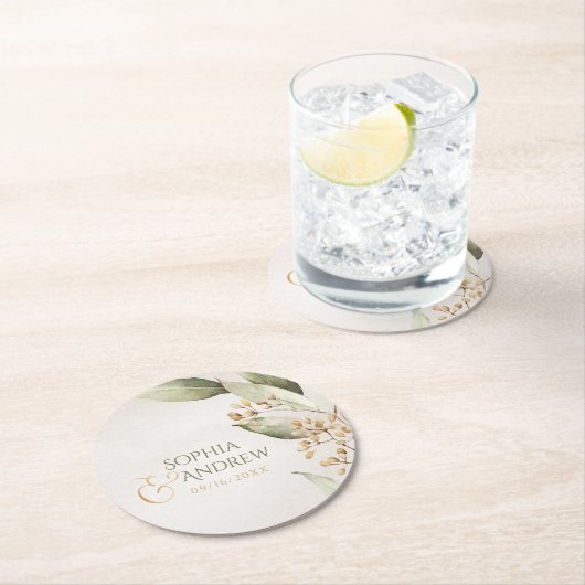 Botanische groene  rustige bruiloft monogram ronde kartonnen onderzetter (Insitu)