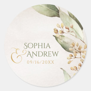 Botanische groene rustige bruiloft monogram ronde sticker