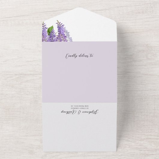 Botanische Hangende Paarse Wisteria Bruiloft All In One Uitnodiging (Buitenkant)