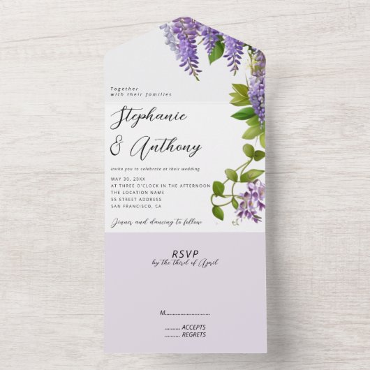 Botanische Hangende Paarse Wisteria Bruiloft All In One Uitnodiging (Binnen)