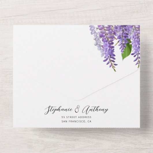 Botanische Hangende Paarse Wisteria Bruiloft All In One Uitnodiging (Achterkant)