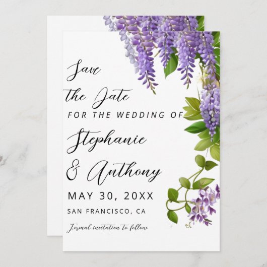 Botanische Hangende Paarse Wisteria Bruiloft Save The Date (Voorkant / Achterkant)