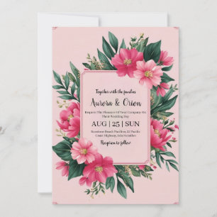 Botanische hete roze bloemen bruiloft uitnodiginge kaart