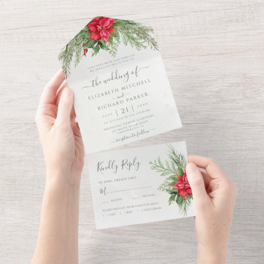 Botanische kerst in Poinsettia Winter Greenergy All In One Uitnodiging (Afscheurbaar)
