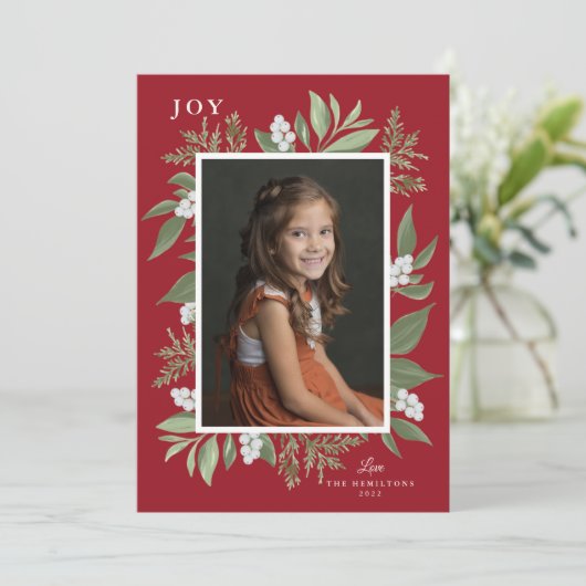 Botanische kerstkaart voor Lijst: rood Aankondiging (Staand voorkant)