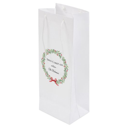 Botanische Kerstkrans Moderne Script Wijn Cadeautas (Achterkant Gekanteld)
