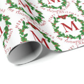 Botanische Kerstkrans Rode Monogram Kerstmis Cadeaupapier (Rol Hoek)
