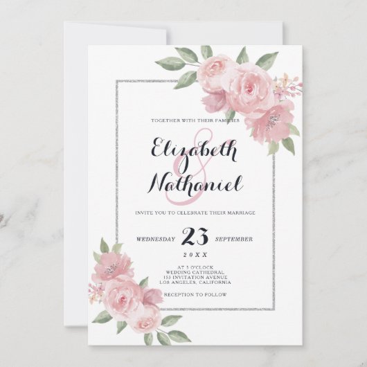 Botanische koraalroze groene florampersand bruilof kaart (Voorkant)