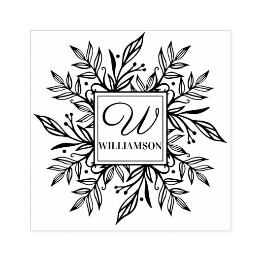 Botanische krans groen familienaam & monogram 	rubberstempel (Afrduk)